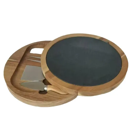 Tablas redondas compactas giratorias de madera de Acacia para embutidos, tabla de quesos de pizarra con juego de cuchillos