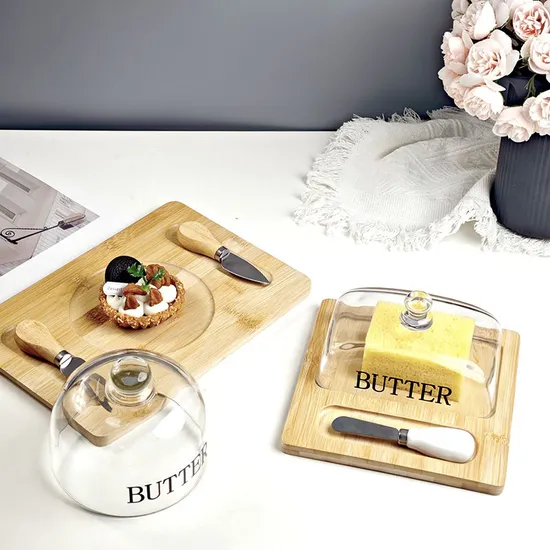 Plato de almacenamiento de mantequilla con base de mantequilla de bambú reutilizable con tapa de vidrio y cortador
