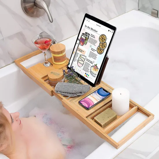 Estante de bambú para bañera, soporte para jabón para teléfono, tableta, libro de vino