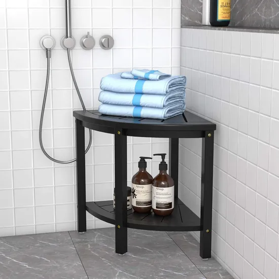Taburete de ducha esquinero de bambú de Color negro de lujo, taburete de almacenamiento para baño