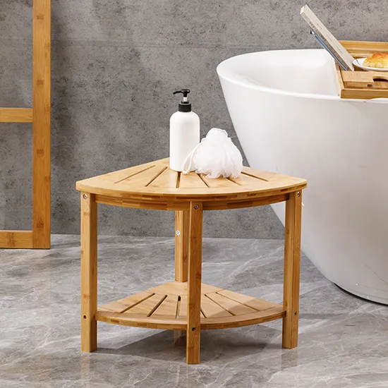 Taburete esquinero de madera en forma de abanico, taburete esquinero de bambú para baño, taburete de baño