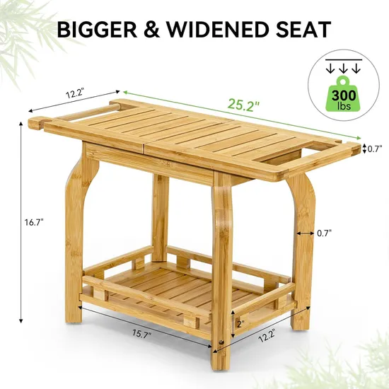 Taburete de madera multifuncional para cambiar zapatos, taburete de ducha de baño de bambú de dos capas con suspensión de toalla