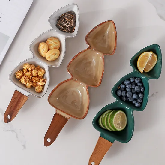 Cuenco de cerámica creativo europeo para aperitivos con mango de madera