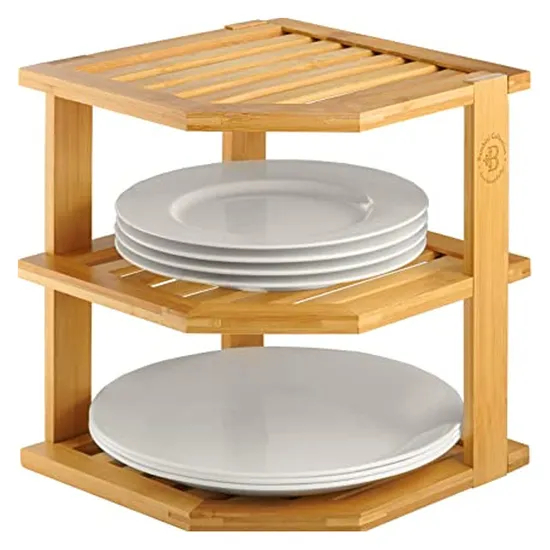 Estante esquinero de cocina de bambú, organizador, gabinete, estante esquinero con 3 capas para platos/platos/cuencos