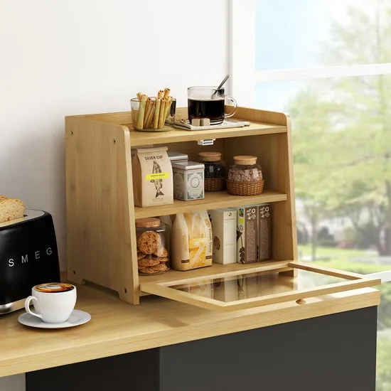 Caja de almacenamiento de bambú natural al por mayor de la comida del compartimiento de almacenamiento del pan de 2 capas