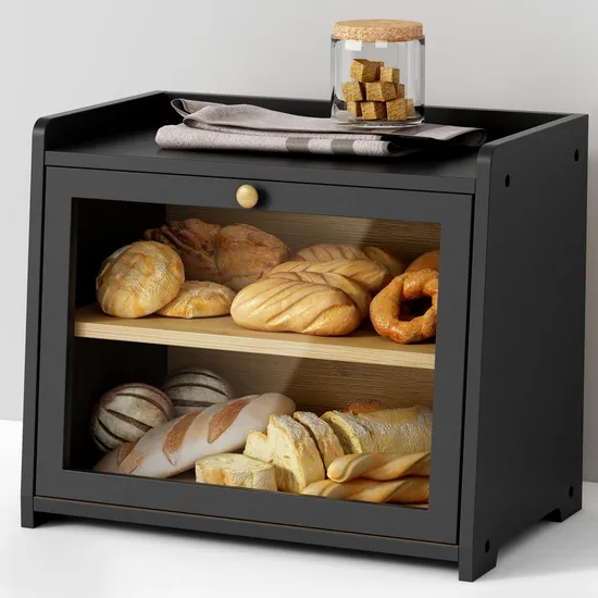 Caja de almacenamiento de pan de cocina de bambú de 2 niveles de color negro duradero