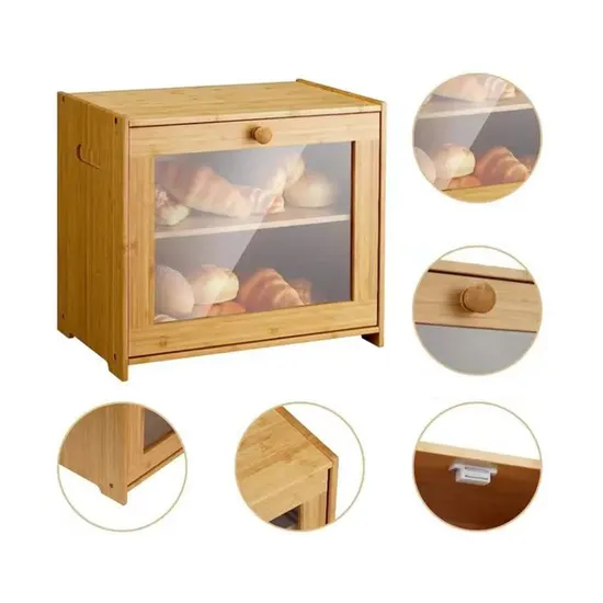 Contenedor de almacenamiento de caja de pan de bambú de doble capa con ventanas transparentes para encimera de cocina