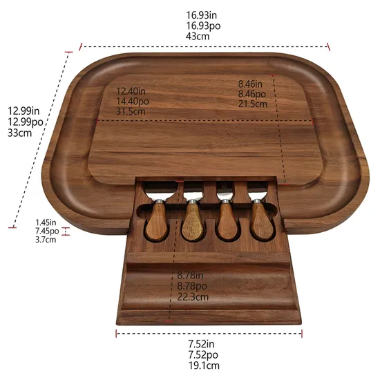 Tabla de quesos de madera de acacia de lujo vendedora caliente con cajón y juego de cuchillos