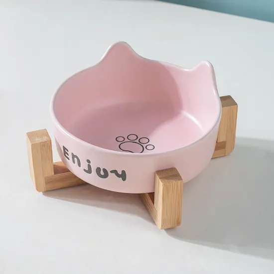 Cuenco de cerámica para perros y gatos con estante de madera de bambú