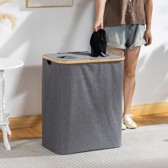 Cesto para la Ropa sucia de Tela de Bambú con Doble Apertura de 160 L Cesto de Almacenamiento de Gran Capacidad con Compartimentos Dobles.