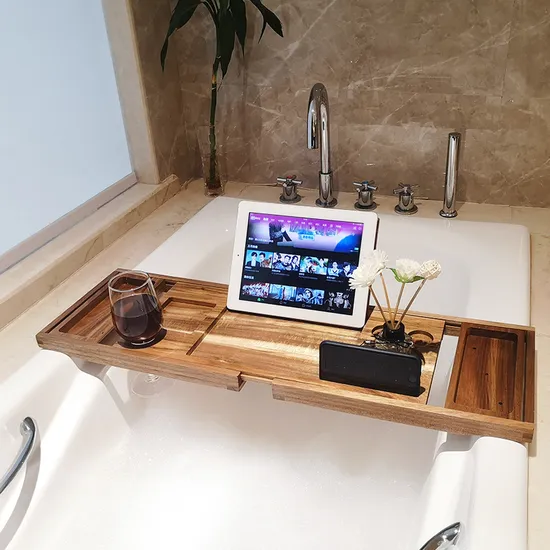 Bandeja extensible de lujo para bañera de madera de acacia con soporte para vino y soporte para libros