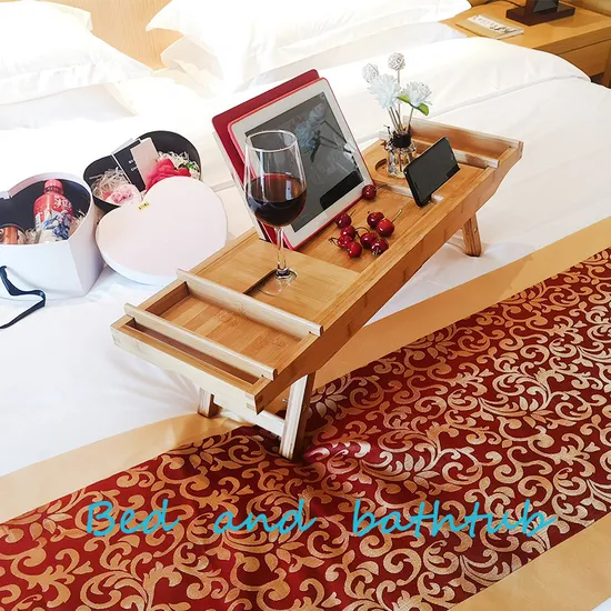 Mesa extensible de bambú con bandeja para bañera y patas plegables