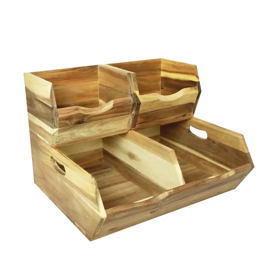 Cesta de almacenamiento de madera apilable, contenedores de almacenamiento para despensa, juego de 3
