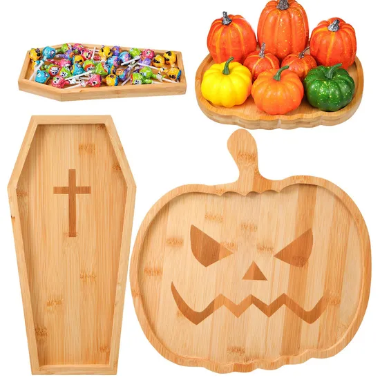 Platos de aperitivo de tablero de charcutería de bambú con forma de ataúd de dibujos animados decorativos de Halloween Howm