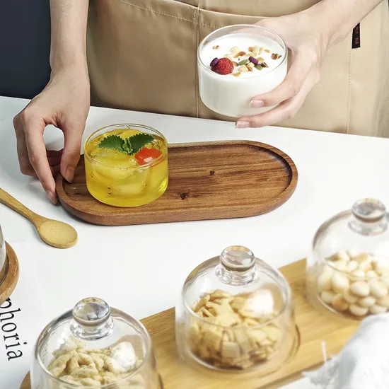 Bandeja de madera de acacia con cuenco de cristal para postres, pudin y snacks