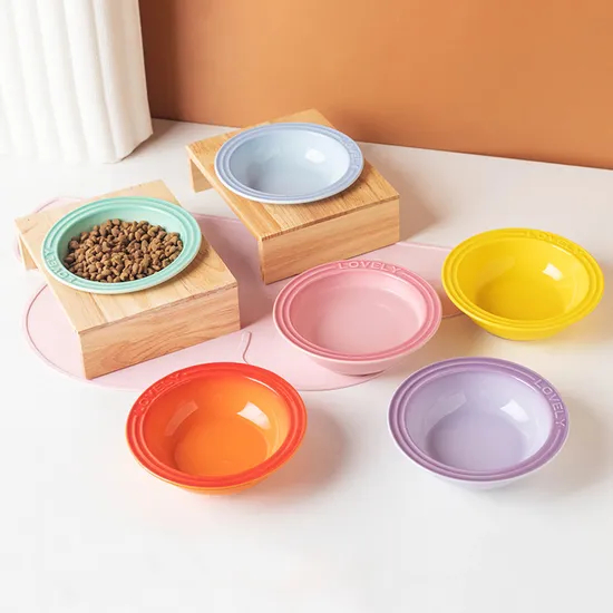 Cuenco de cerámica para comida de perro y gato, plato/plato con soporte de madera de bambú