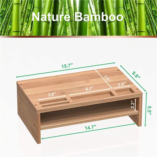 Estante de almacenamiento de escritorio de bambú de doble capa, soporte para Monitor elevador de computadora