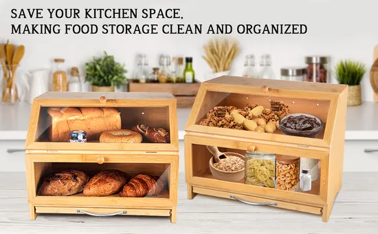 Caja de pan para encimera de cocina, contenedor de almacenamiento de pan y alimentos de gran capacidad de 2 niveles