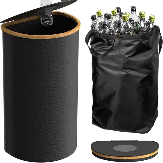 Organizador de botellas de almacenamiento de tela plegable en forma de D y cesta de lavandería con marco de bambú