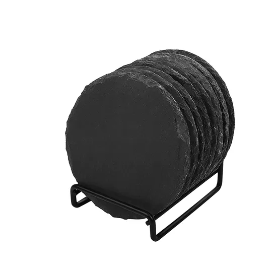 Posavasos de pizarra negros de forma redonda grabados personalizados con soporte de metal