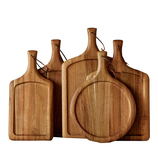 Bandeja de servicio de tablero de madera de acacia con forma de paleta natural con asa