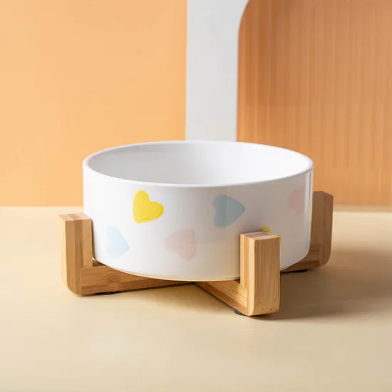 Cuenco de cerámica para perros y gatos con base de madera de bambú