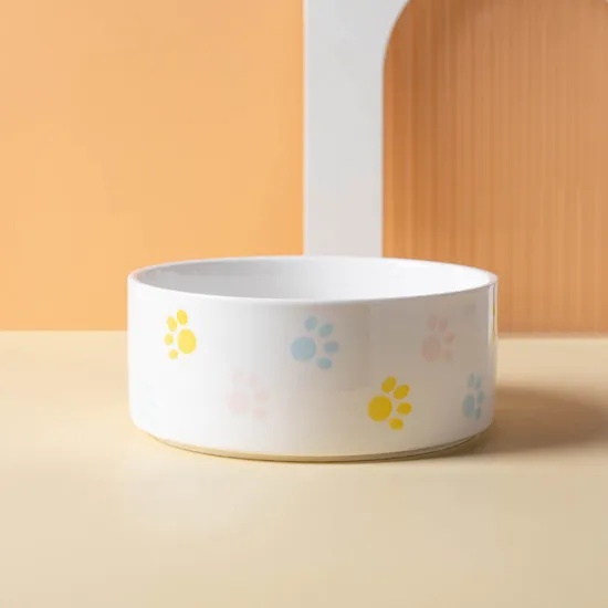 Tazón de comida para mascotas de cerámica de diseño personalizado redondo con base de madera