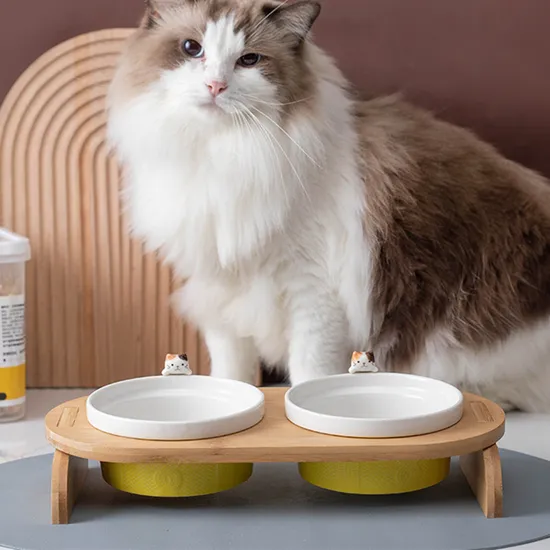 Ningún plato de cerámica del cuenco del animal doméstico del derrame con el cuenco doble de cerámica del animal doméstico del soporte de madera para el gato del perro