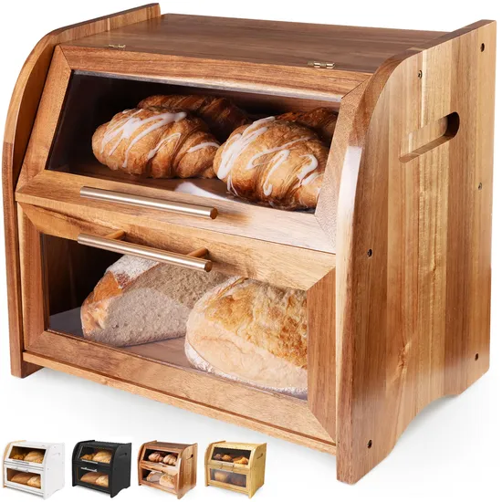 Caja de pan de madera de Acacia doble grande, contenedor de almacenamiento para cocina