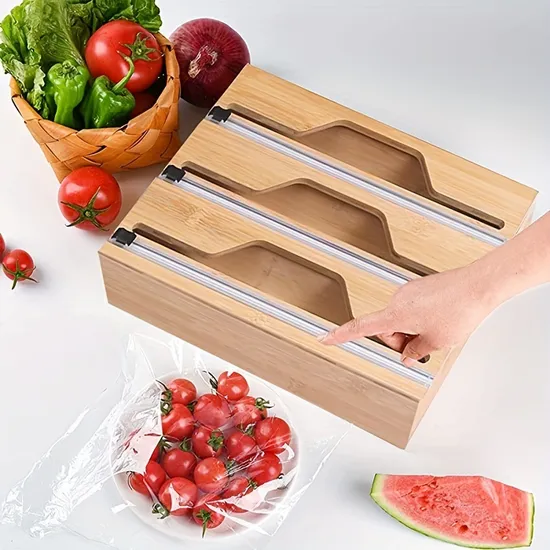 Caja de almacenamiento y cortador de envoltorios para alimentos de bambú y madera