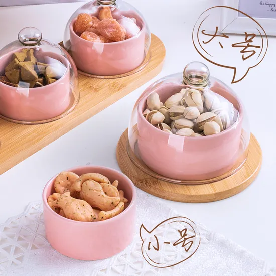 Mini soporte redondo para pasteles de madera de bambú con cúpula de vidrio y tazones de cerámica para pasteles y platos de queso