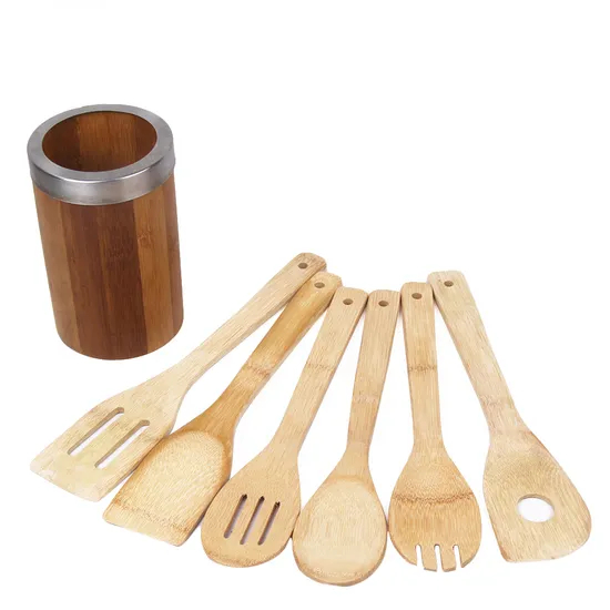 Home Basics Juego de utensilios de cocina de bambú con soporte