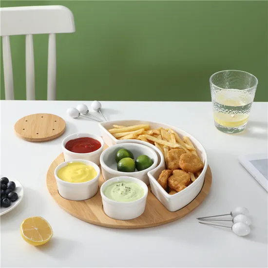 Juego de aperitivos de bambú Homegating con cuencos para condimentos y bandejas de cerámica para servir