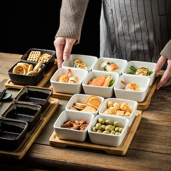Bandeja de bambú para servir con platos de cerámica para servir con 6 compartimentos