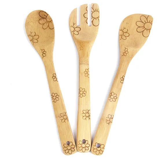 Juego de tenedor y cuchara de bambú grabado personalizado para cocinar