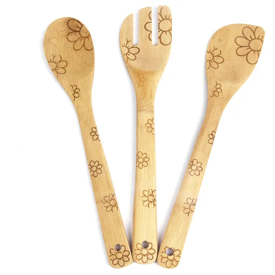 Juego de tenedor y cuchara de bambú grabado personalizado para cocinar