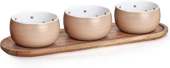 Juego de patatas fritas y DIP, bandeja para servir de madera de acacia con 3 cuencos redondos de cerámica