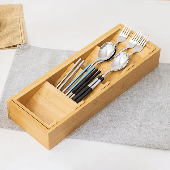 Organizador de cajones expandible de bambú para cubiertos, cubiertos y cuchillos en la cocina