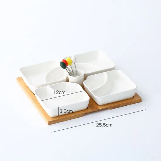 Plato de fruta de cerámica multirejilla con bandeja de madera de bambú para vajilla casera
