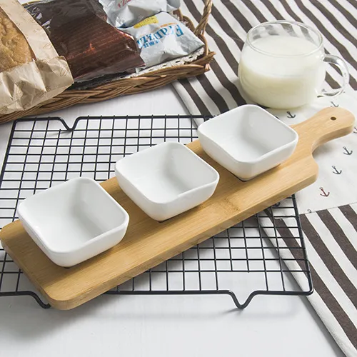 Platos de cerámica creativos de 3 piezas con bandeja de bambú para aperitivos/nueces/postres