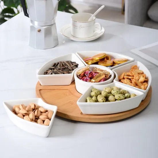 Plato giratorio de cerámica dividido para servir, Susan perezosa de bambú para aperitivos de frutas en restaurante