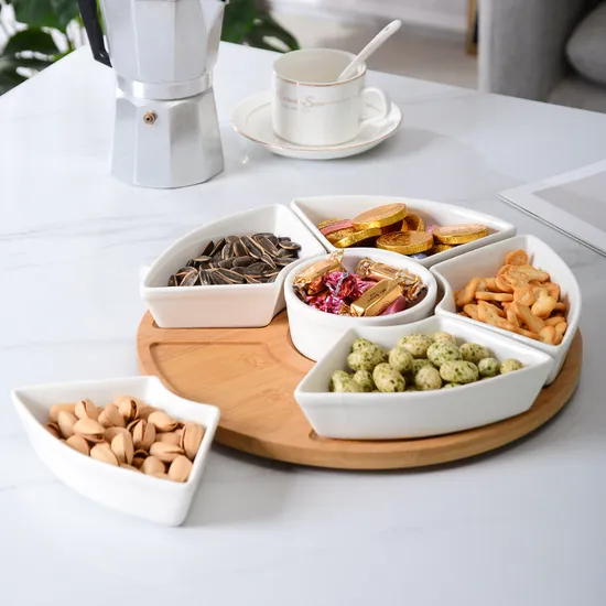 Plato giratorio de cerámica dividido para servir, Susan perezosa de bambú para aperitivos de frutas en restaurante