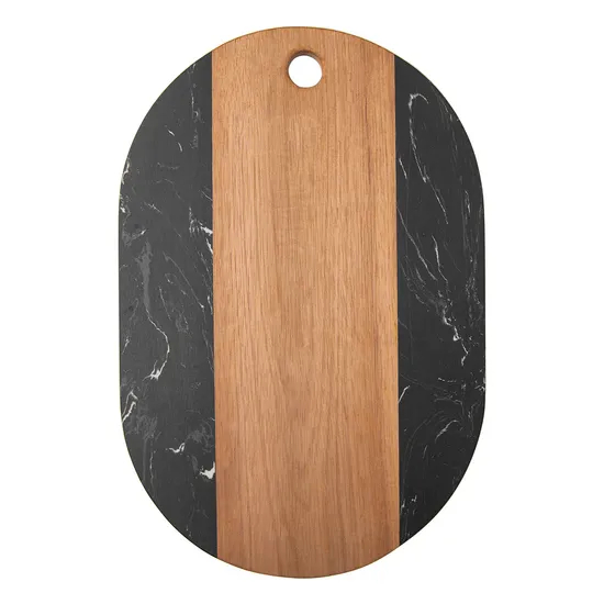 Tabla de cortar de mármol y madera de acacia de forma ovalada con orificio para colgar
