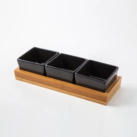 Bandeja para servir de bambú rectangular dividida con 3 platos de cerámica para merienda/salsa