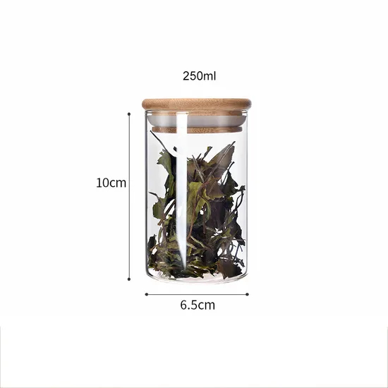 Tarro de vidrio de borosilicato al por mayor con tapa de madera de bambú para almacenamiento de nueces, té, dulces y café