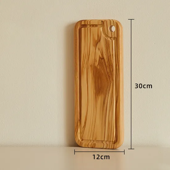 Tabla de cortar rectangular reversible de madera de olivo con ranura profunda para jugo