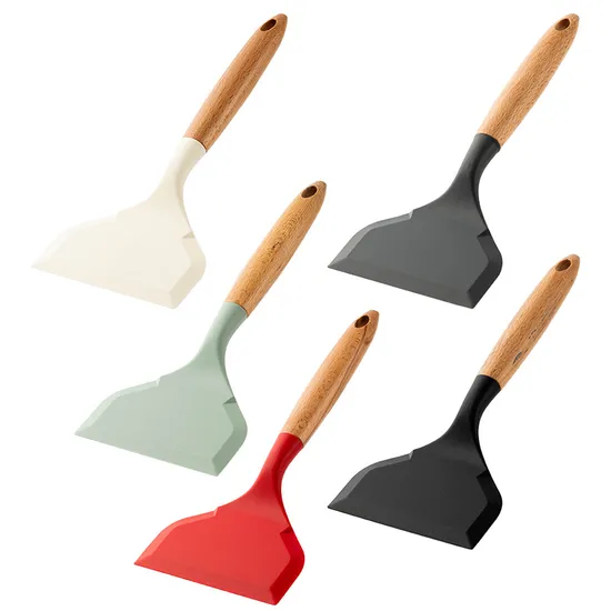 Pala para freír y quemar Jade de silicona ancha antiadherente con mango de haya para cocina
