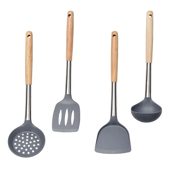 Utensilios de cocina a prueba de calor del silicón de la categoría alimenticia que fríen la pala de cocinar con la manija de madera
