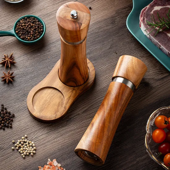 Molinillo de especias manual de madera de Acacia con anillo de acero inoxidable