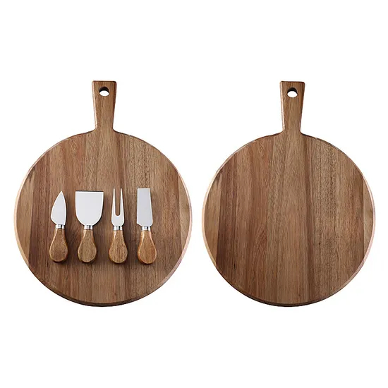 Tabla de servir de queso de aperitivo de charcutería de madera de acacia de forma redonda con asas y cuchillos